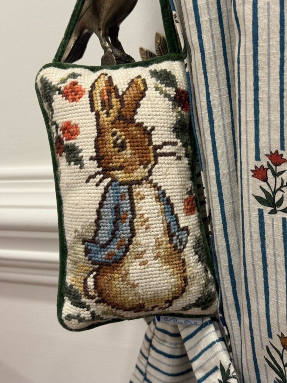 vintage Beatrix Potter needlepoint pillow featuring Peter Rabbit Mini Pillow